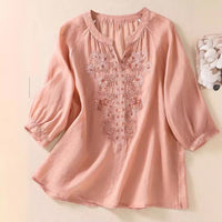 Women's Cotton And Linen Three-quarter Sleeve Embroidered Top