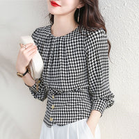 Chanel-style Houndstooth Pullover Blouse For Women