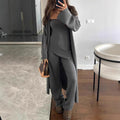 New Style Casual Solid Color Knitted Three-Piece Set Loose Long Coat And Wide-Leg Pants For Women