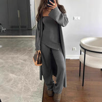 New Style Casual Solid Color Knitted Three-Piece Set Loose Long Coat And Wide-Leg Pants For Women