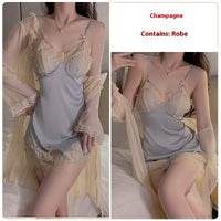 Autumn Winter Sexy Lace Sweet Pajamas Plus Chest Pad Satin Slip Nightdress