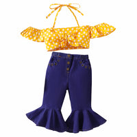 Girls' Yellow With Polka Dots Suspender Flared Jeans Suit