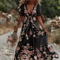 Retro Bohemian Rose Embroidered Linen Loose-Fit Long Dress