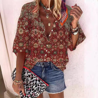 Women's Retro Fashion Stand Collar Loose Button Printed Casual Shirt