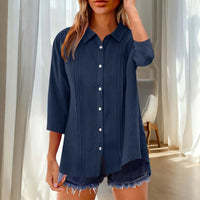 Women's Casual Top Three-Quarter Sleeve Lapel Collar Loose-Fit Button-Up Shirt