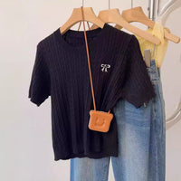 Twist Round Neck Embroidered Short-sleeved T-shirt Short Inner Sweater