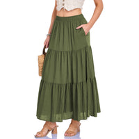 Cotton-linen Pocketed Midi Skirt With A High Elastic Waistband