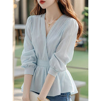 French High-end Sense Of Light Luxury Blue Chiffon Blouse Shirt