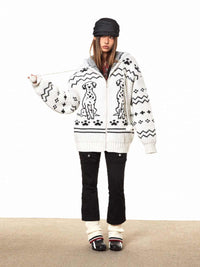 Retro Puppy Jacquard Knitted Zipper Hooded Sweater
