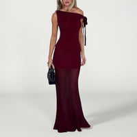 Unique Elegant Off-shoulder Mesh Dress With Flowing Ribbons