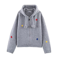 Cross-border Foreign Trade Womens Clothing Hooded Long-Sleeve Loose All-Match Star Jacquard Knitted Sweater