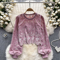 Hollow-out Slim-fit Short Age-reducing Puff Sleeve Top