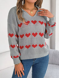 Women Casual V-Neck Lantern Sleeve Color Block Heart Pullover Sweater