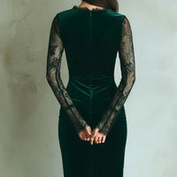 Womens French-style Chic Velvet And Lace Panelled Waist-Cinching Dress