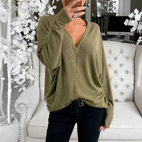 V-neck Lapsed Sleeves Loose Long-sleeved Top T-shirt For Women