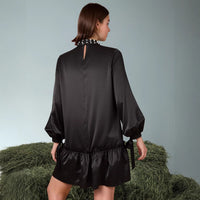Solid-color Satin Dress With Intricate Pearl Detailing At The Neckline