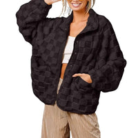 Small Plaid Zippered Fuzzy Coat Womens Jacket Lamb Fur Coats