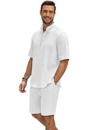 Men's 2 Pieces Linen Set Henley Shirt Short Sleeve And Shorts Summer Beach Yoga Matching Outfits