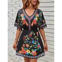 Bohemian Retro Ethnic Print Temperament Waist-controlled Slimming And Short Holiday Dress