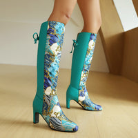 Womens Floral Patchwork Bowknot Chunky Heel Over-the-Knee Boots