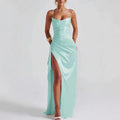 Elegant And Stylish Solid-Colored Shoulder-Strap Long Split Off-Shoulder Womens Dress