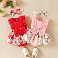 Girls' Lace Edge Sunken Stripe Sleeveless Stitching Flower Print Romper