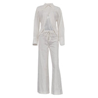 Lapel Long Sleeves Cropped White Shirt Hollow Out Tied Wide Leg Pants Two-piece Set