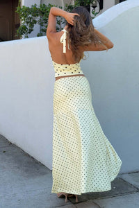 Lace Up Sexy Halterneck Polka Dot Pleated Top And Skirt Set