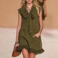 Spring Summer French-style Retro Bow-Knot Resort Dress