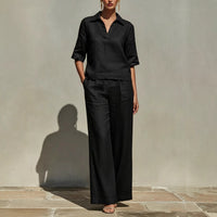 Women's Solid-Colored Casual Linen Two-Piece Set