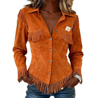 Brown European And American-style Suede-velvet Cardigan With Tassels And Long Sleeves