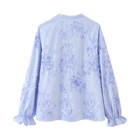 Textured Striped Plate Floral Poplin Long Sleeve Shirt