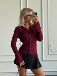 Button-front Long-sleeve Fringed Knit Sweater For Women
