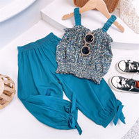 Summer New Korean Version Fashion Floral Suit Suspender Top Trousers Two-piece Set