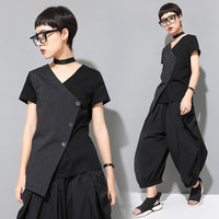 Summer New Women's Short Sleeve Slim Fit V-neck Stitching Personality Wrong Top