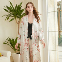 Women's Fashion Sling Print Pajamas Mid Length Belted Loungewear Three Piece Set