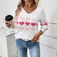 Plush Loving Heart Pattern V-neck Long Sleeve Sweater