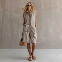 Single-breasted Sleeveless Linen Shirt And Shorts Set