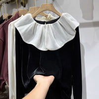 Lotus-Leaf Collar Patchwork Gold Velvet Shirt For Women