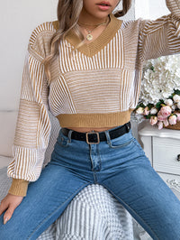 Striped Lantern Sleeve Pullover Midriff-baring Sweater Women's Clothing