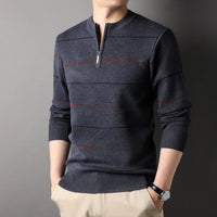 Zippered Mock-neck Knit Sweater With Striped Long Sleeves