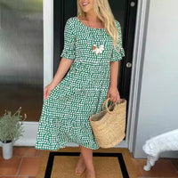 Womens Hot Bestseller Summer Crew-Neck Printed Short-Sleeve Dress