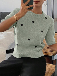 Womens Crew-Neck Pullover Heart Jacquard Knitted Sweater