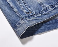 Spring And Autumn Denim Jacket Men's Washed Wear-White Ripped