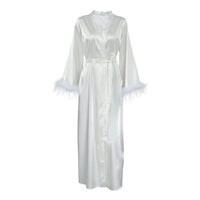Textured Satin Feather Long-sleeve Nightgown Bathrobe Loungewear