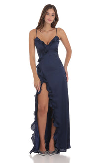 Womens Fashion V-Neck Ruffle-Trim Slit Backless Slip Dress