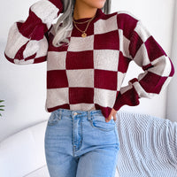 Autumn And Winter Contrast Color Plaid Long Sleeve Pullover Knitted Sweater