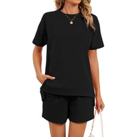 Crew-neck Slit Loose-fitting Top T-shirt With Pockets And Drawstring Shorts