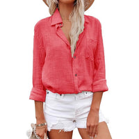 Womens Solid-Color Cotton And Linen Shirt