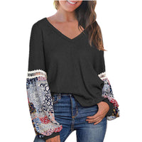 New European And American Autumn And Winter V-neck Waffle Loose Printed Long-sleeved T-shirt
